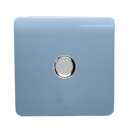 Trendi 1 Gang 2 Way 240V 100w LED Dimmer Screwless Raised Front Plate Plastic Artistic Modern Glossy 10 Amp Chrome Single Electrical Wall Light Switch in Sky Blue - ART-LDMSK