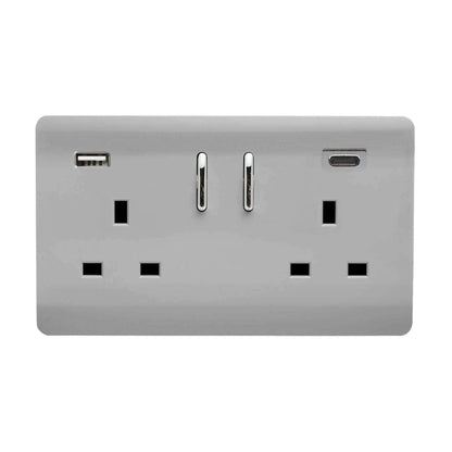 Trendi Switch 2 Gang USB 3100mA Type A & C USB Plug Socket in Brushed Steel