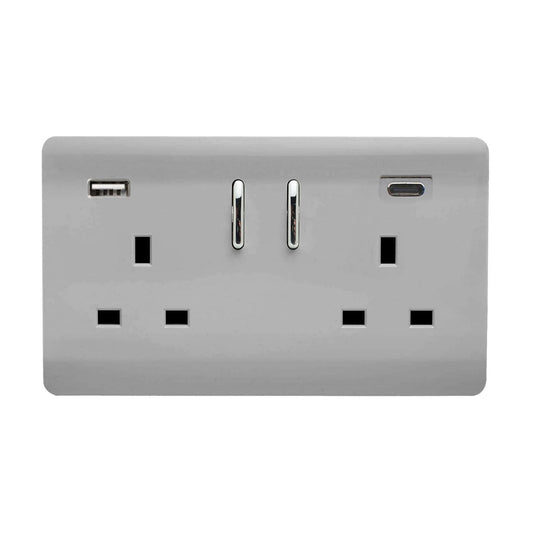 Trendi Switch 2 Gang USB 3100mA Type A & C USB Plug Socketin Brushed Steel