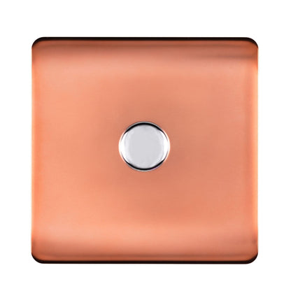Trendi 1 Gang 2 Way 240V 100w LED Dimmer Screwless Raised Front Plate Plastic Artistic Modern Glossy 10 Amp Chrome Single Electrical Wall Light Switch in Copper - ART-LDMCPR