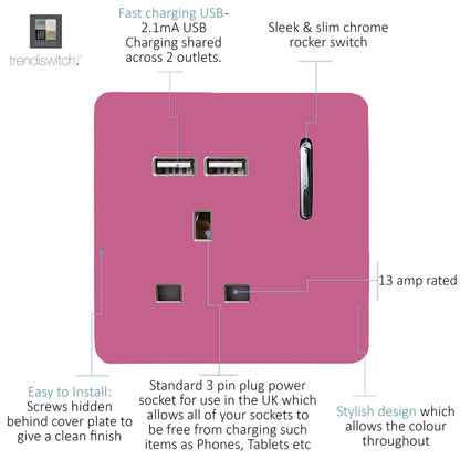 Trendi Switch 1 Gang USB 2100mA Plug Socket in Candy Pink