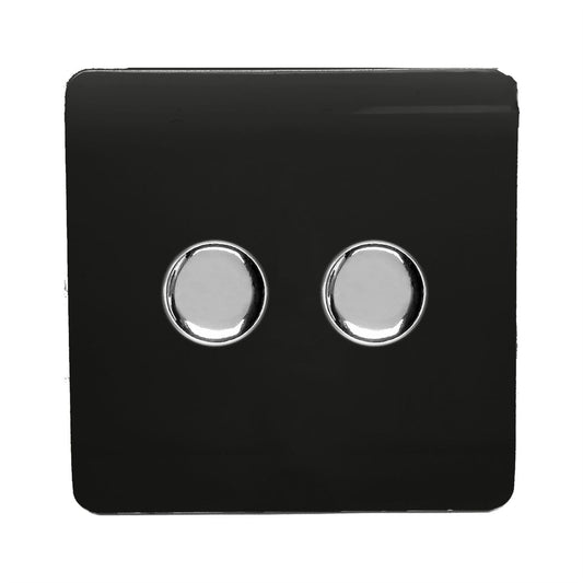 Trendi Switch 2 Gang 1 or 2 way 150w Rotary LED Dimmer Light Switchin Piano Black