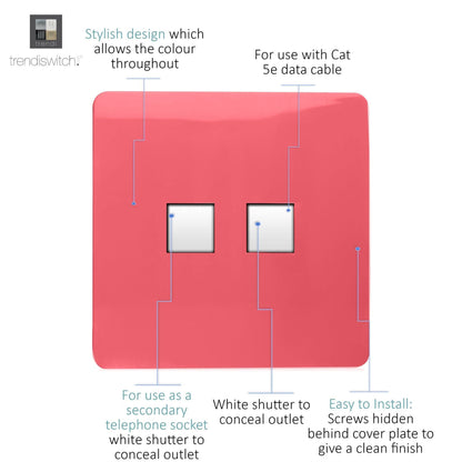 Trendi Switch 2 Gang RJ45 Cat 5e PC Ethernet & Telephone Slave Sockets in Strawberry Red