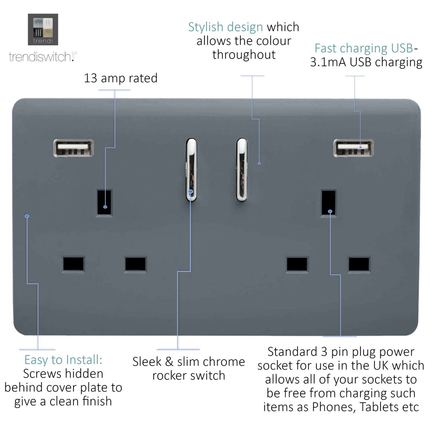 Trendi Switch 2 Gang USB 3100mA Plug Socketin Warm Grey
