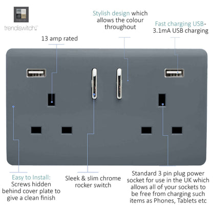 Trendi Switch 2 Gang USB 3100mA Plug Socket in Warm Grey