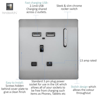 Trendi Switch 1 Gang USB 2100mA Plug Socket in Brushed Steel