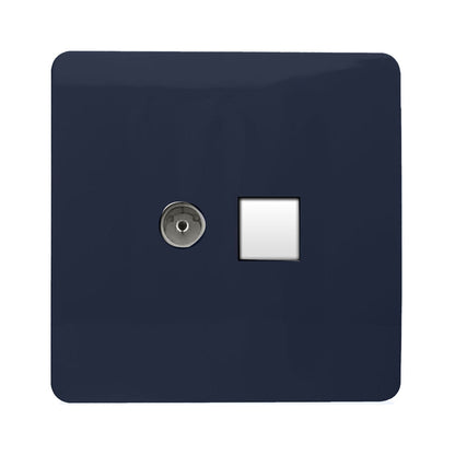 Trendi Switch 2 Gang Female TV Co-Axial & RJ45 Cat 5e PC Ethernet Sockets in Navy Blue