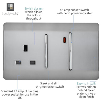 Trendi Switch 45 Amp Cooker Switch & 13 Amp Plug Socket with Neon in Brushed Steel