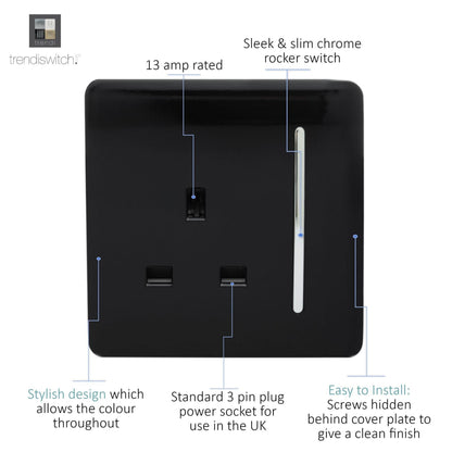 Trendi Switch 1 Gang 13 Amp Switched Plug Socket in Piano Black