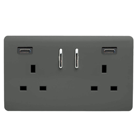 Trendi Switch 2 Gang USB 65W Type C USB Plug Socket in Charcoal Grey
