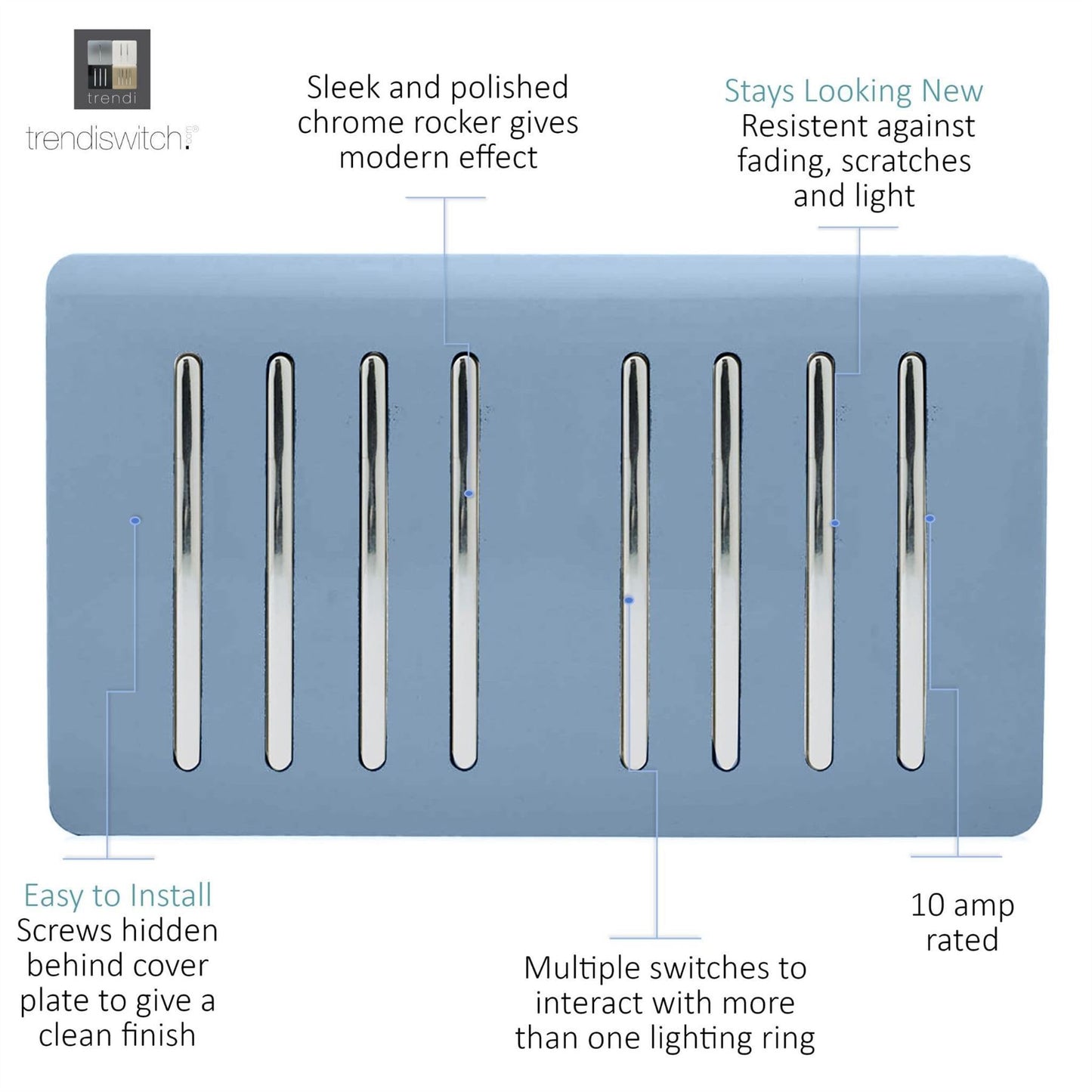 Trendi Switch 8 Gang 1 or 2 Way Light Switchin Sky Blue