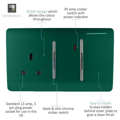 Trendi Switch 45 Amp Cooker Switch & 13 Amp Plug Socket with Neon in Dark Forest Green
