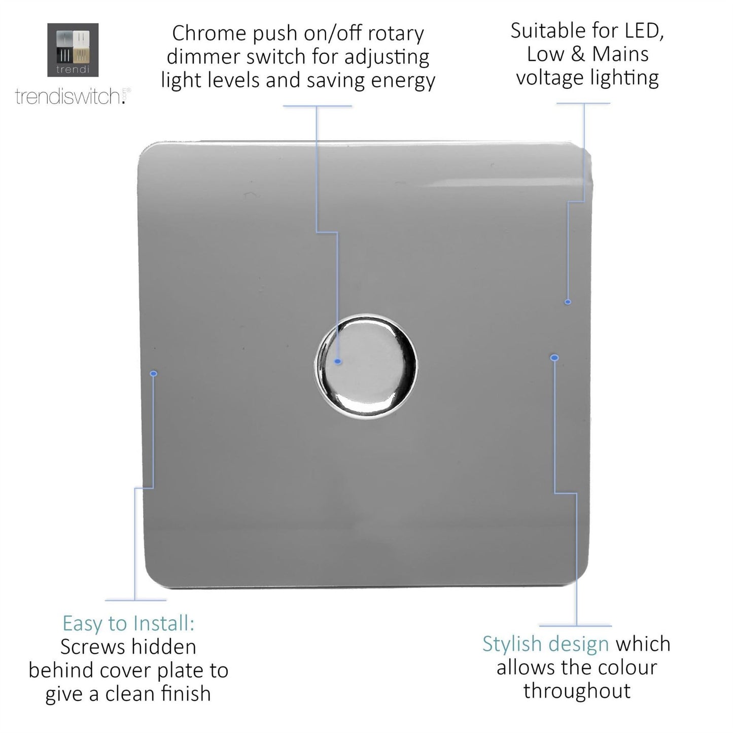 Trendi Switch 1 Gang 1 or 2 way 150w Rotary LED Dimmer Light Switchin Light Grey
