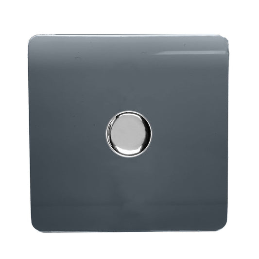 Trendi 1 Gang 2 Way 240V 100w LED Dimmer Screwless Raised Front Plate Plastic Artistic Modern Glossy 10 Amp Chrome Single Electrical Wall Light Switch in Warm Grey - ART-LDMWG