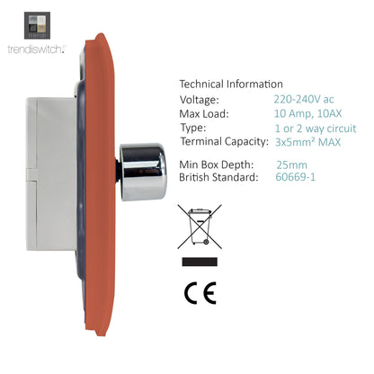 Trendi 2 Gang 2 Way 240V 100w LED Dimmer Screwless Raised Front Plate Plastic Artistic Modern Glossy 10 Amp Chrome Single Electrical Wall Light Switch in Copper - ART-2LDMCPR