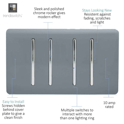 Trendi Switch 4 Gang Light Switch (3x 1 or 2 Way & 1 x Intermediate)in Warm Grey