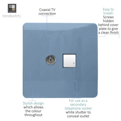 Trendi Switch 2 Gang Female TV Co-Axial & Telephone Slave Sockets in Sky Blue