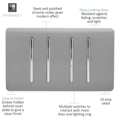 Trendi Switch 4 Gang 1 or 2 Way Light Switch in Light Grey