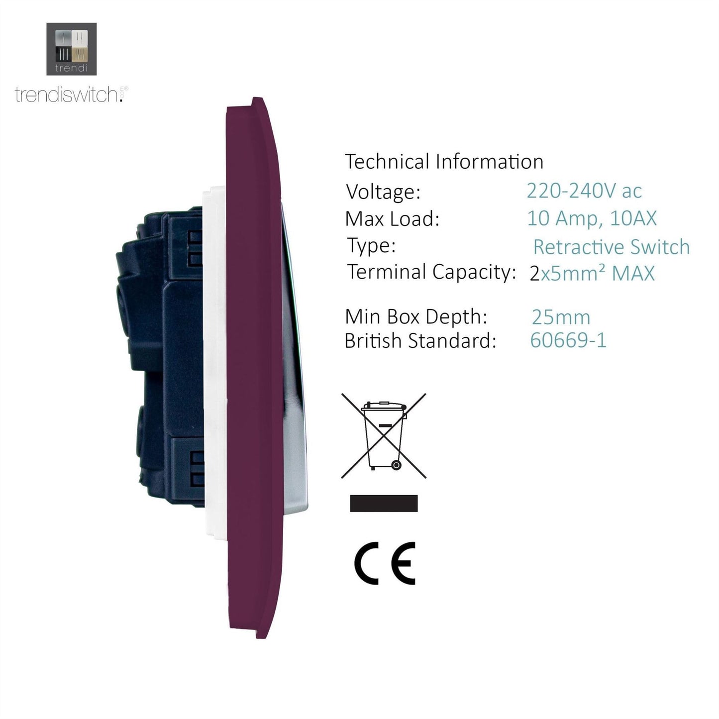 Trendi Switch 1 Gang Retractive Doorbell Switch in Plum Purple