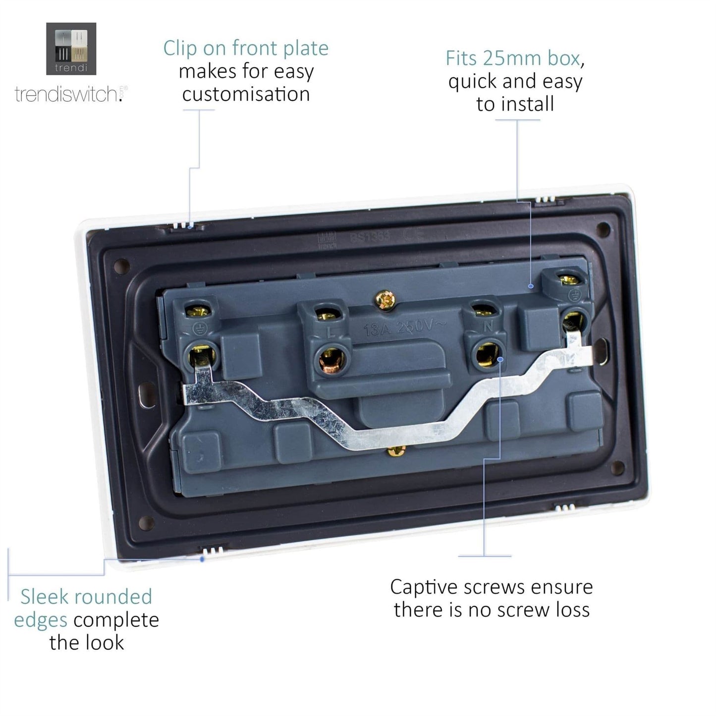 Trendi Switch 2 Gang Long Switched Plug Socketin Copper