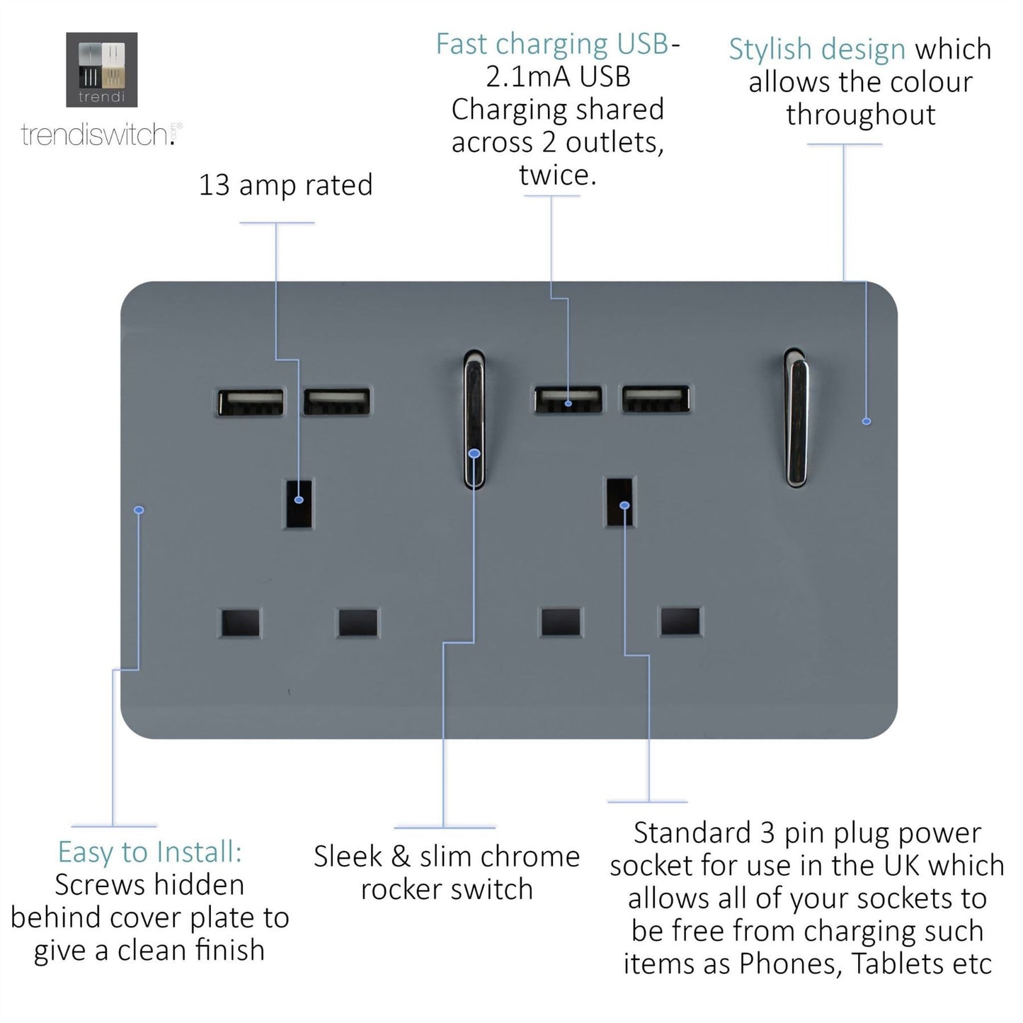 Trendi Switch 2 Gang 4 Port USB 2100mA Plug Socket in Warm Grey