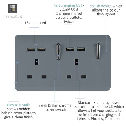 Trendi Switch 2 Gang 4 Port USB 2100mA Plug Socket in Warm Grey