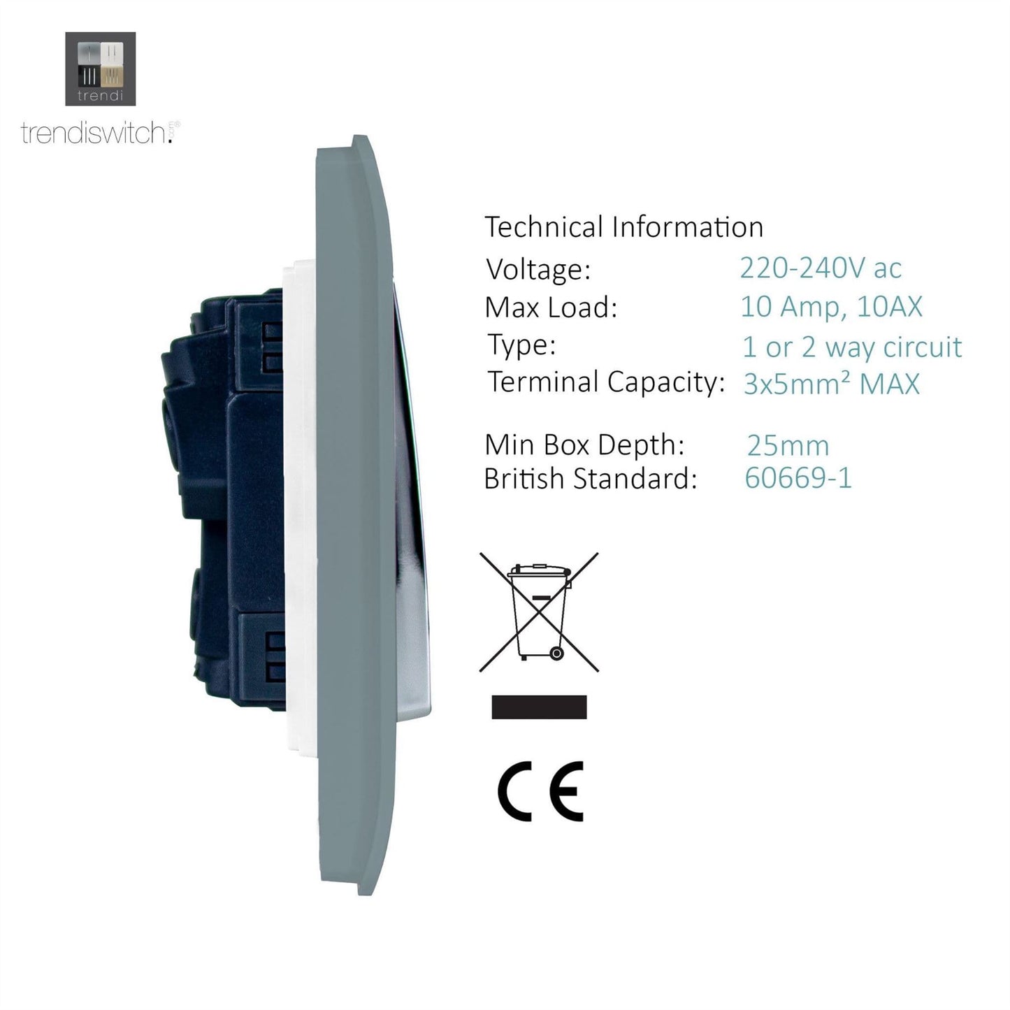Trendi Switch 1 Gang 1 or 2 way Rocker Light Switchin Cool Grey