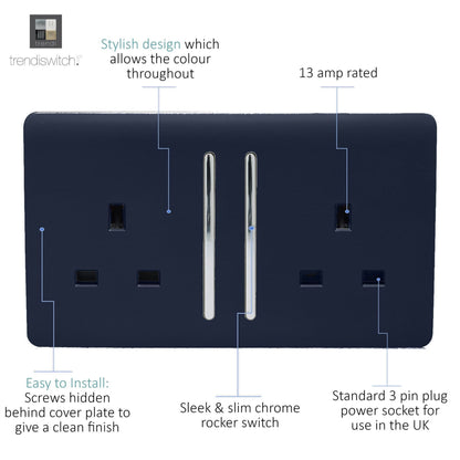Trendi Switch 2 Gang Long Switched Plug Socket in Navy Blue