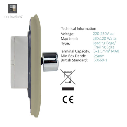 Trendi 2 Gang 2 Way 240V 100w LED Dimmer Screwless Raised Front Plate Plastic Artistic Modern Glossy 10 Amp Chrome Single Electrical Wall Light Switch in Champagne Gold - ART-2LDMGO