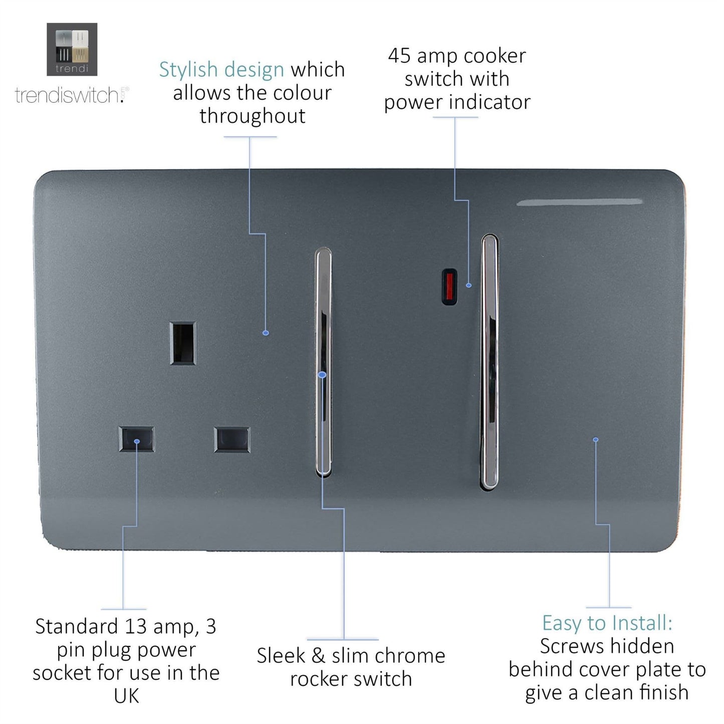 Trendi Switch 45 Amp Cooker Switch & 13 Amp Plug Socket with Neonin Warm Grey