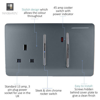 Trendi Switch 45 Amp Cooker Switch & 13 Amp Plug Socket with Neon in Warm Grey