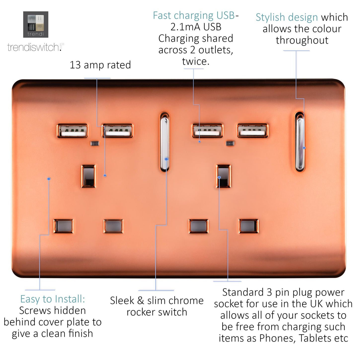 Trendi Switch 2 Gang 4 Port USB 2100mA Plug Socketin Copper