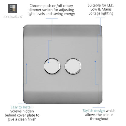 Trendi 2 Gang 2 Way 240V 100w LED Dimmer Screwless Raised Front Plate Plastic Artistic Modern Glossy 10 Amp Chrome Single Electrical Wall Light Switch in Brushed Steel - ART-2LDMBS