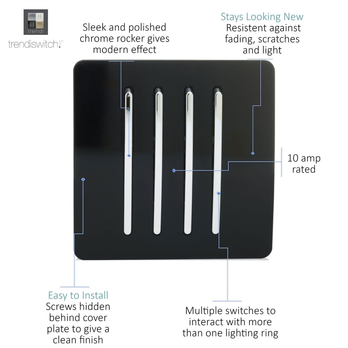 Trendi Switch 4 Gang 1 or 2 way Rocker Light Switchin Piano Black