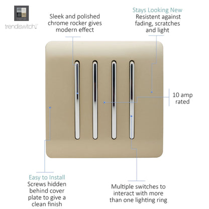 Trendi Switch 4 Gang 1 or 2 way Rocker Light Switch in Champagne Gold
