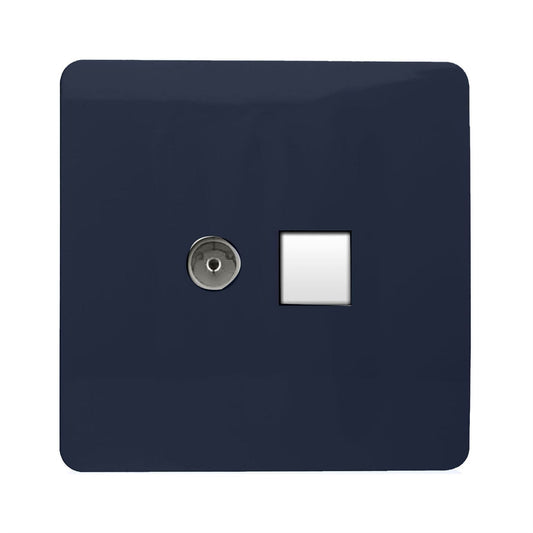 Trendi Switch 2 Gang TV Co-Axial & RJ45 Cat 6 Modern Designer PC Ethernet Socketsin Navy Blue