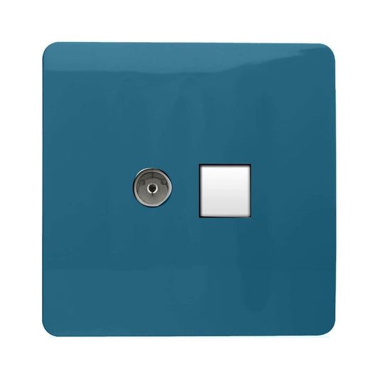 Trendi Switch 2 Gang TV Co-Axial & RJ45 Cat 6 Modern Designer PC Ethernet Socketsin Ocean Blue