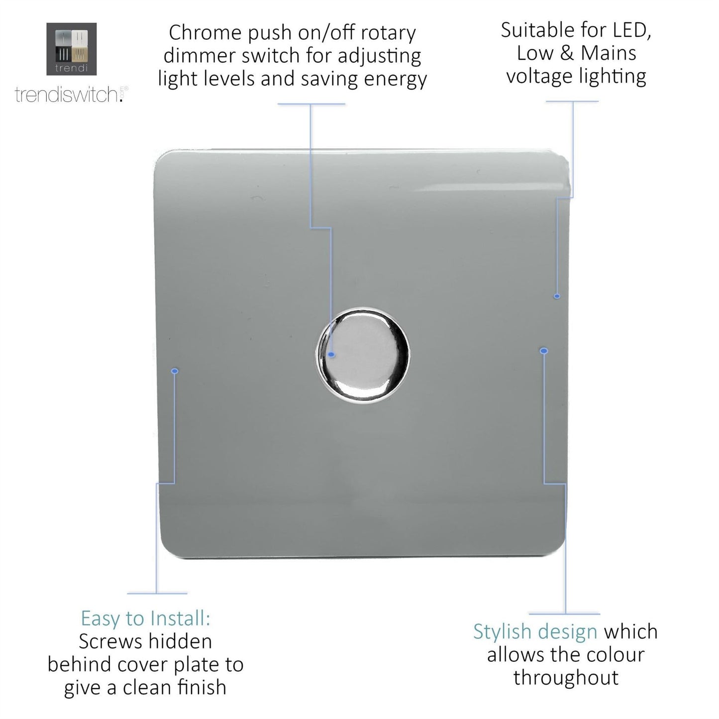 Trendi Switch 1 Gang 1 or 2 way 150w Rotary LED Dimmer Light Switchin Platinum Silver