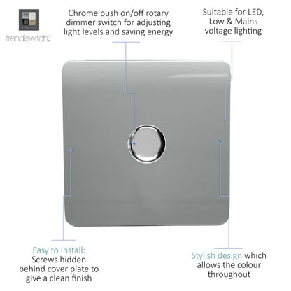 Trendi 1 Gang 2 Way 240V 100w LED Dimmer Screwless Raised Front Plate Plastic Artistic Modern Glossy 10 Amp Chrome Single Electrical Wall Light Switch in Platinum Silver - ART-LDMSI