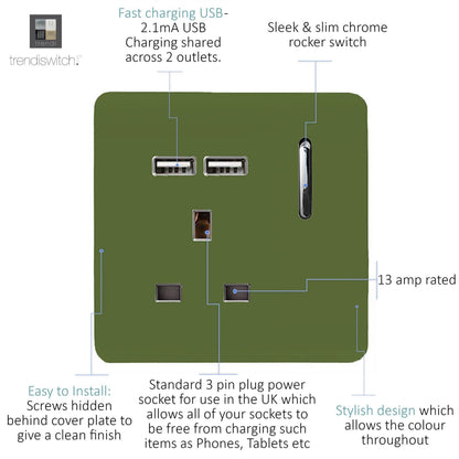 Trendi Switch 1 Gang USB 2100mA Plug Socket in Moss Green