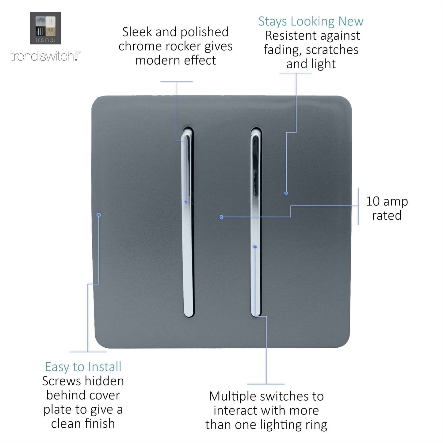 Trendi Switch 2 Gang Rocker Light Switch (1x 1 or 2 way & 1x Intermediate)in Warm Grey