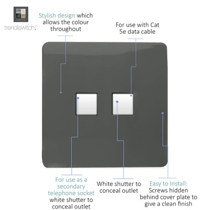 Trendi Switch 2 Gang RJ45 Cat 5e PC Ethernet & Telephone Slave Sockets in Charcoal Grey