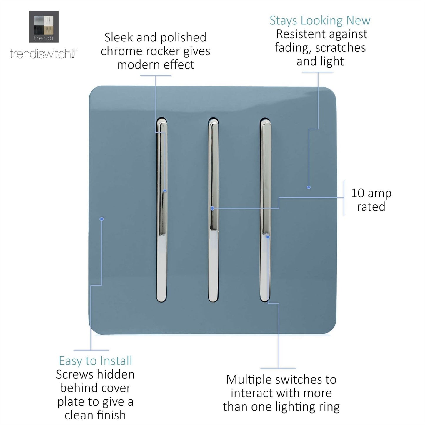 Trendi Switch 3 Gang 1 or 2 way Rocker Light Switchin Sky Blue