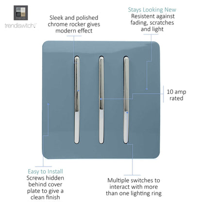 Trendi Switch 3 Gang 1 or 2 way Rocker Light Switch in Sky Blue