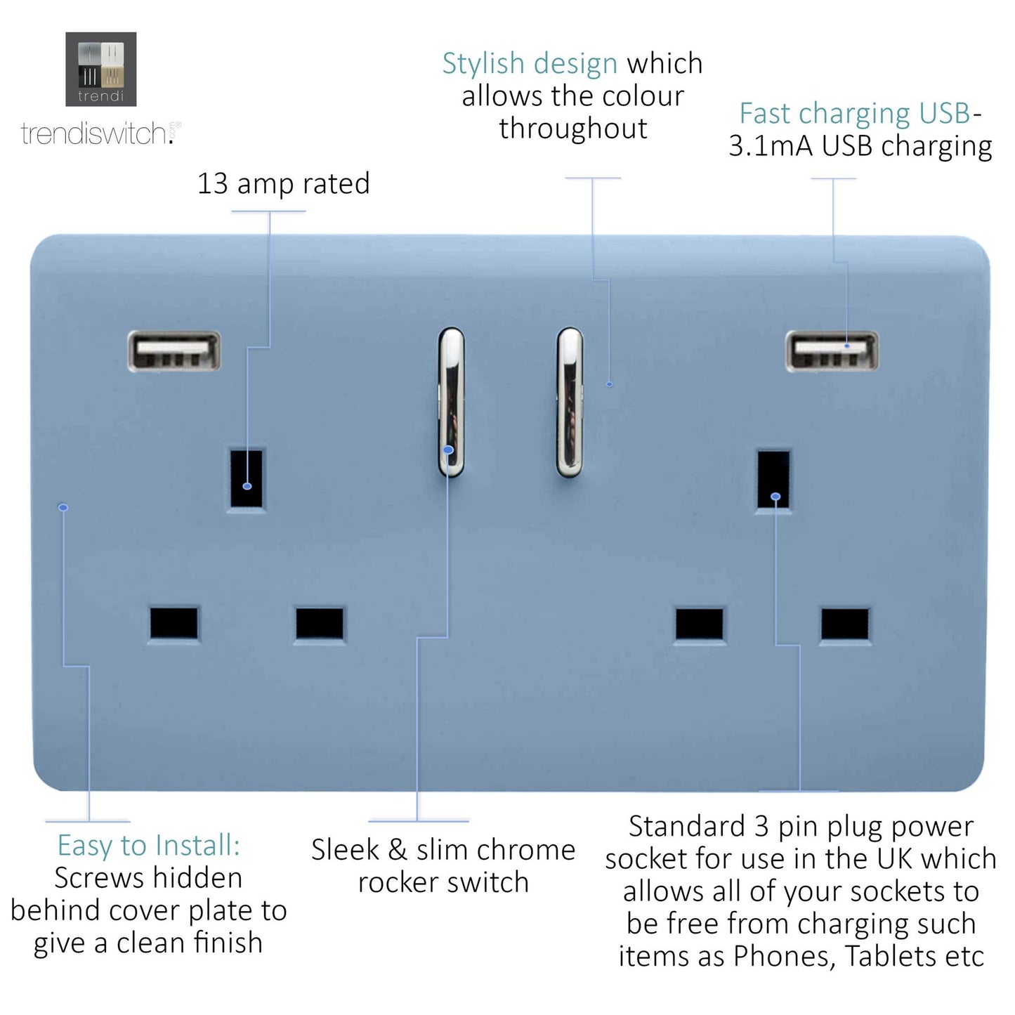 Trendi Switch 2 Gang USB 3100mA Plug Socketin Sky Blue