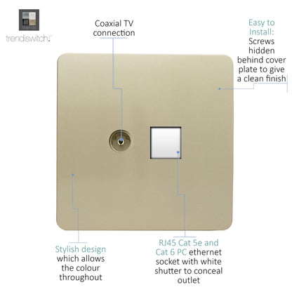 Trendi Switch 2 Gang Female TV Co-Axial & Telephone Slave Sockets in Champagne Gold