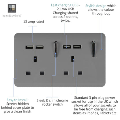 Trendi Switch 2 Gang 4 Port USB 2100mA Plug Socket in Light Grey