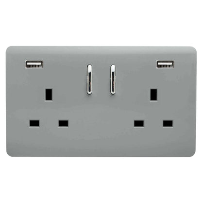 Trendi Switch 2 Gang USB 3100mA Plug Socket in Platinum Silver