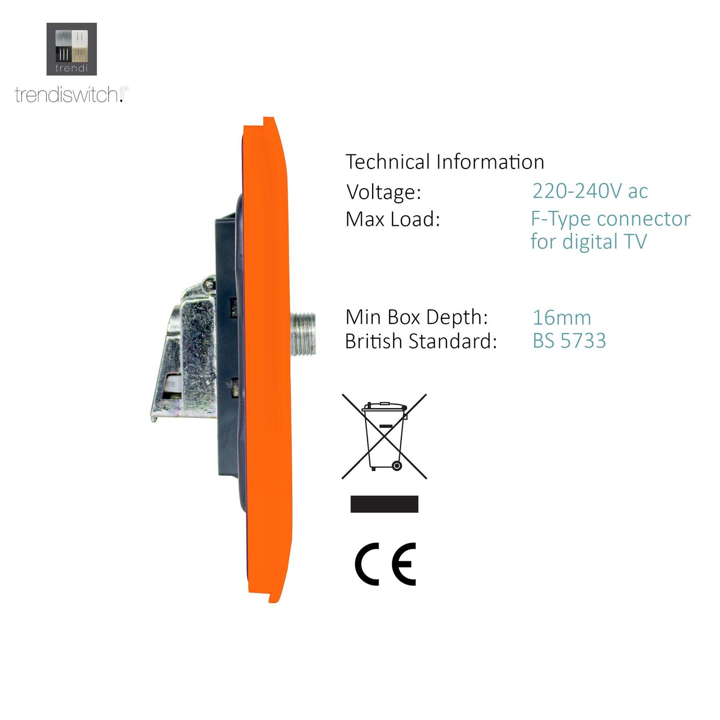 Trendi Switch TV Co-Axial & F-Type Satellite Socket in Copper