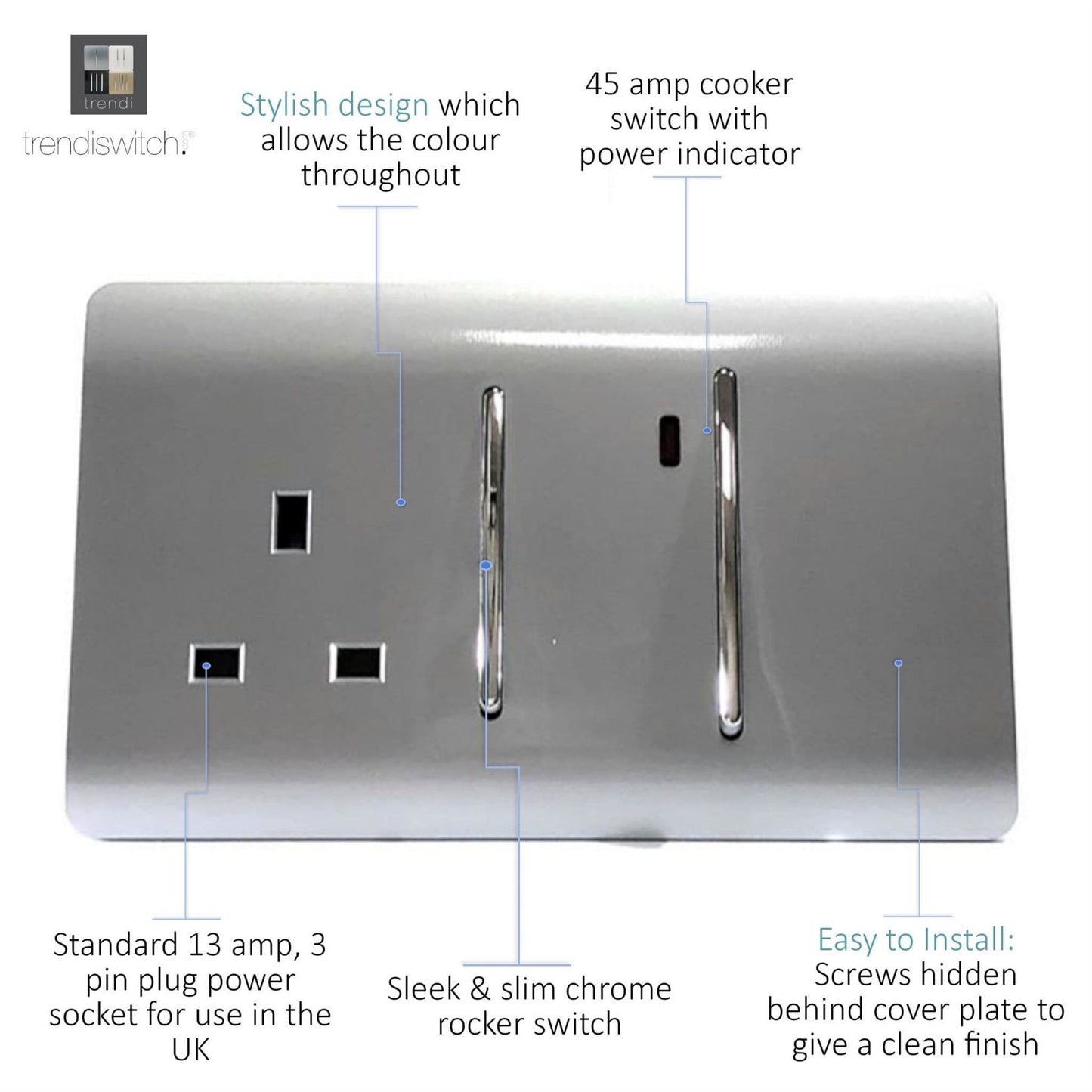 Trendi Switch 45 Amp Cooker Switch & 13 Amp Plug Socket with Neonin Platinum Silver